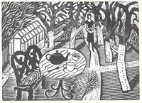 'Afternoon Tea', a drawing by Eric Ravilious for Green Line Buses