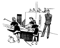 Previously unpublished illustration by Lilian Buchanan of an RAF Ops Room